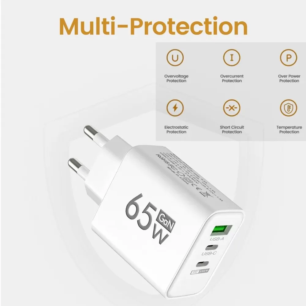 Caricatore USB GaN da 65W con 3 porte di ricarica Type-C PD 3.0 per iPhone, Xiaomi, Samsung, Huawei - Image 6