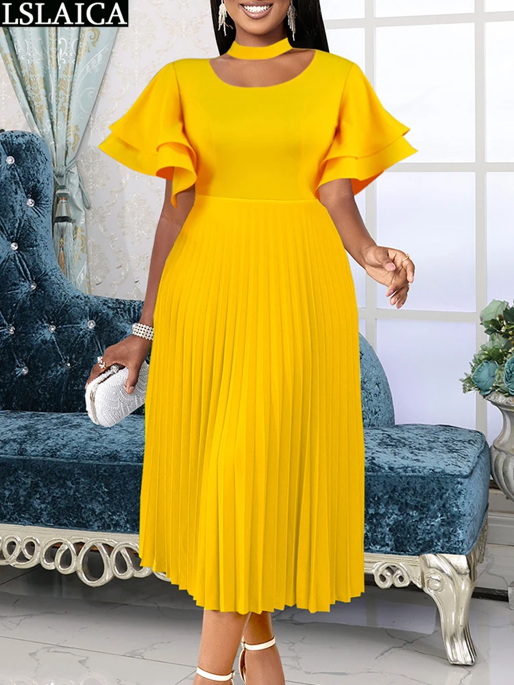 

Fashion Womens Dresses Pleated Flare Sleeve Female Midi Dress Casual High Waist Chic Solid Elegant Party Woman Clothing Yellow
