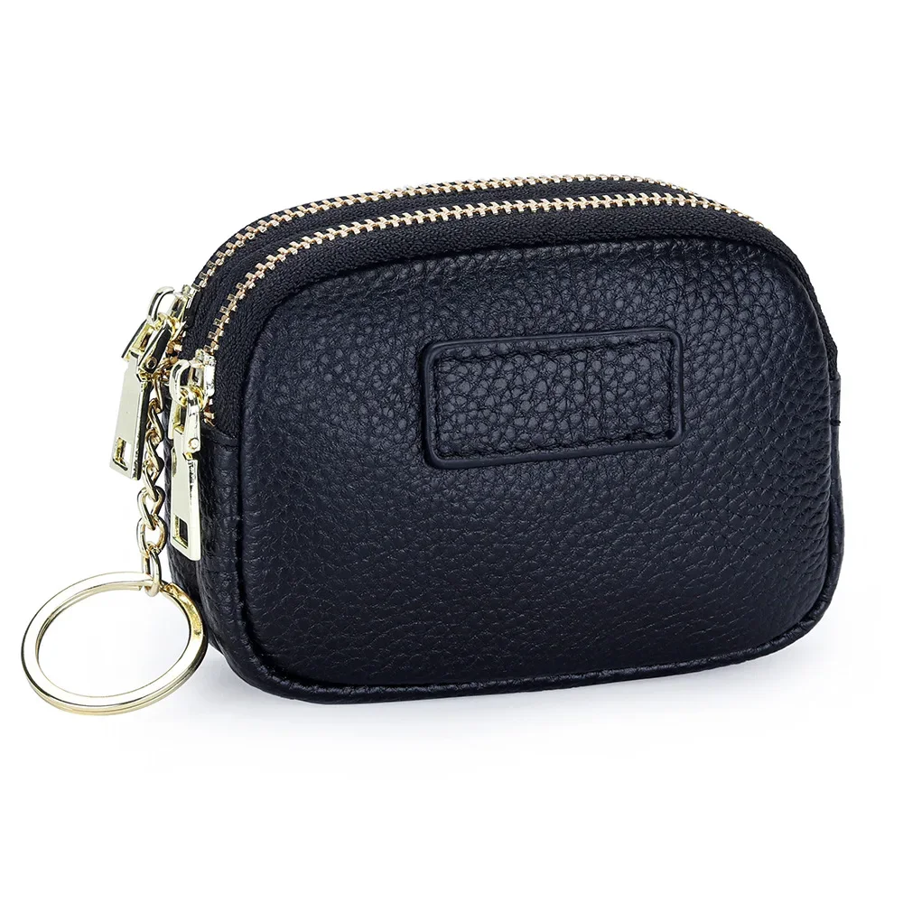 2 Zippered Genuine Leather Coin Purse Large Capacity Change Pouch Little Travel Wallet with Key Ring for Women Short Small Pouch