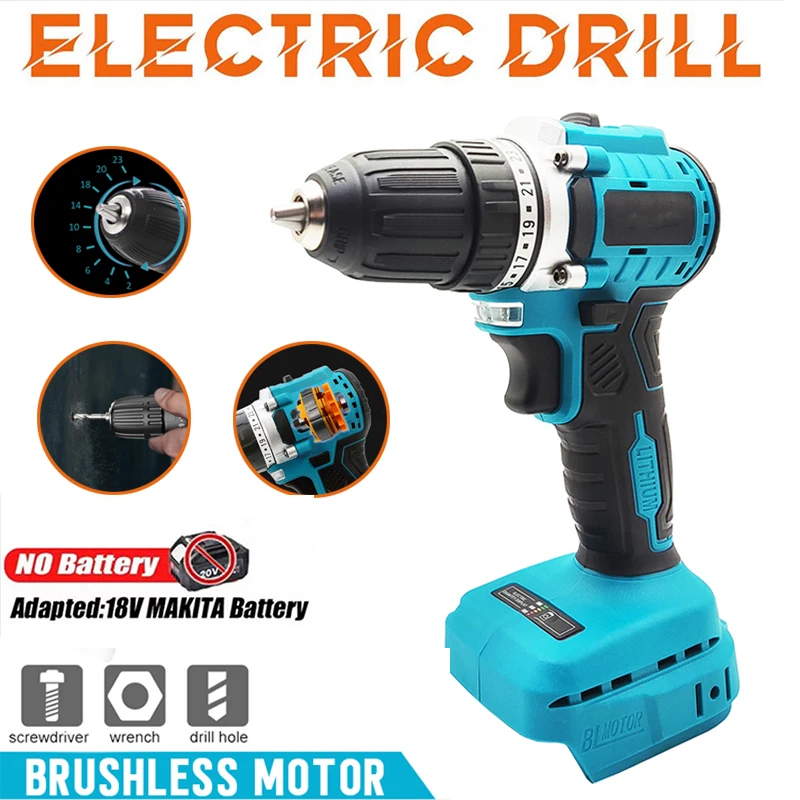 

10mm Cordless Brushless Drill Electric Hand Drill Screwdriver 2 Speed 23 Torque Setting fit Makita 18v Battery (No Battery)