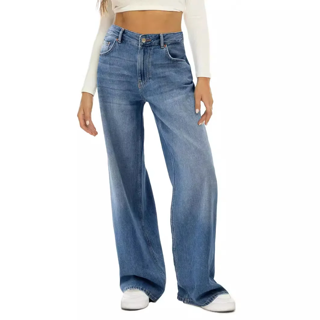 Jeans Denim Full Length Women Wide Leg Pants Washing Loose Fit Solid ...