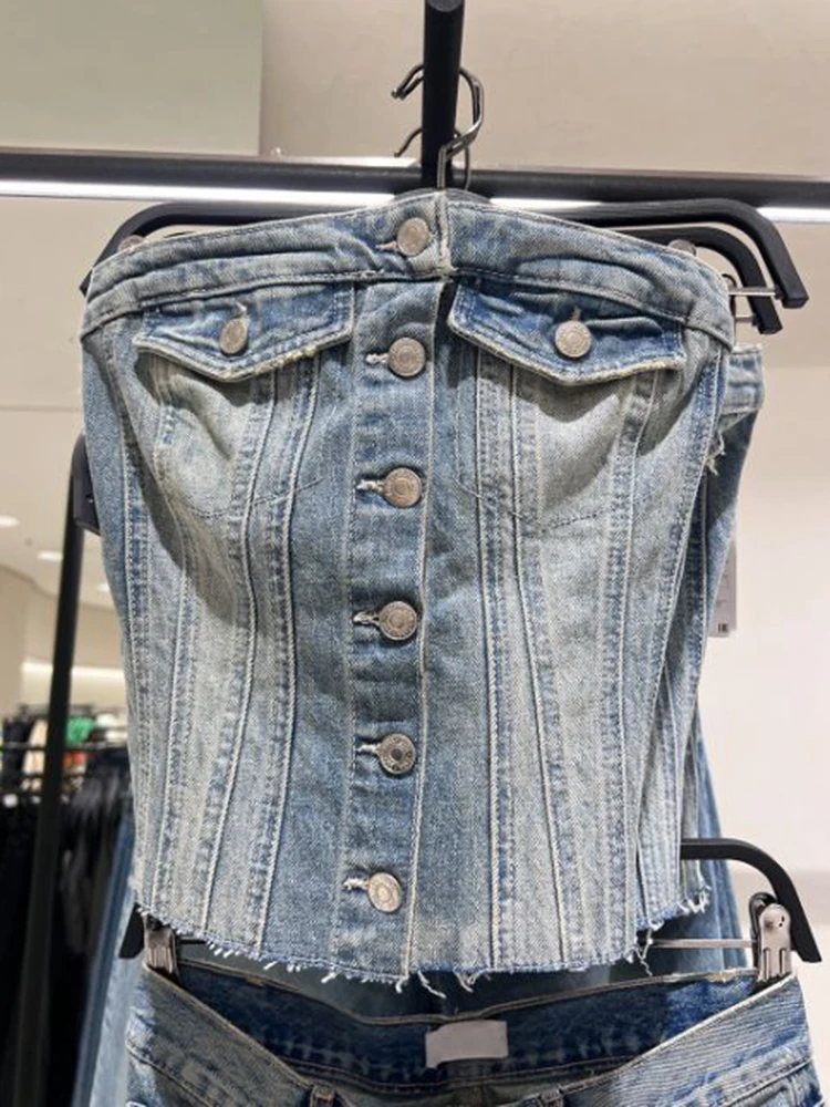

Женский укороченный топ на пуговицах, синяя джинсовая майка с декоративными пуговицами, укороченный корсет, топ на бретелях для весны и лета