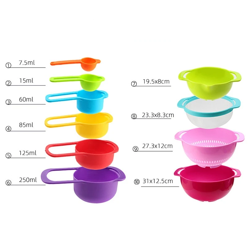 10pcs/set Baking Tool Set Creative Rainbow Measuring Spoon Plastic Measuring  Cup Multi-functional Washing Basket Powder Sieve