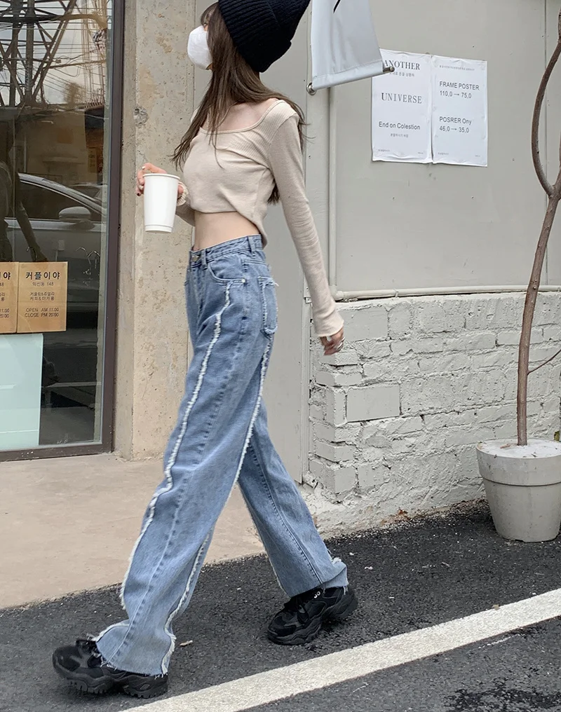 

Korean Style Jeans Women's New Niche Jeans with Wide Legs for Casual Street Fashion High-Waisted Raw Edge Fashion long Pants