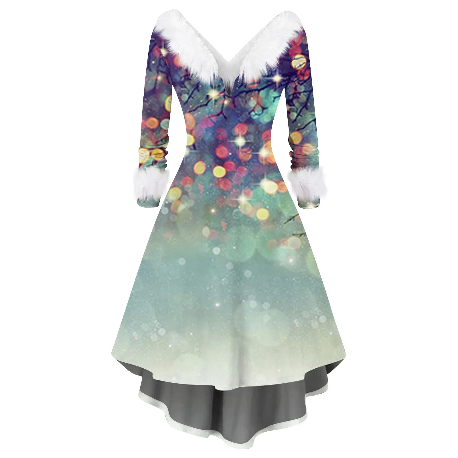 

Women Christmas Dress Print Faux Fur Collar Elegant Rockabilly Dresses Xmas New Year Club Wear Party Dress Vestido Feminino