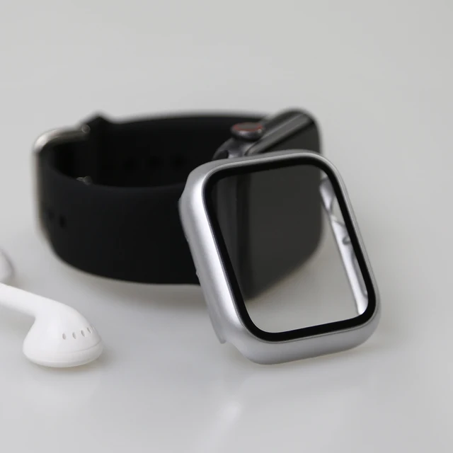 Glass+Watch Cover for Apple Watch Case 41mm 45mm 40mm 44mm 42mm 38mm Matte Bumper+Screen Protector for Iwatch SE 7 6 5 4 3 2 1 Silver