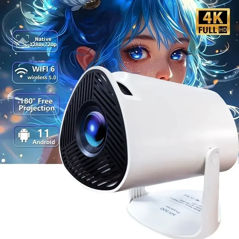 HY300 휴대용 프로젝터, 네이티브 720P, 듀얼 밴드 WiFi 6, 안드로이드 11,180 ° ? 회전 가능, 자동 키스톤 보정, 스크린 비디오 프로젝터