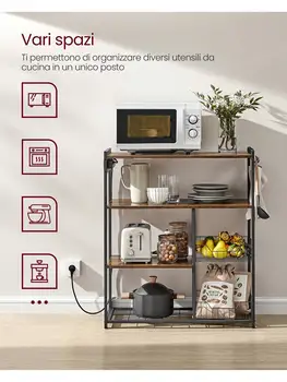 Mensola da cucina VASAGLE: ripiano per microonde con 2 cestini in rete, stazione di ricarica, ripiani, ganci, 35x80x93.5 cm, stile industriale. 1