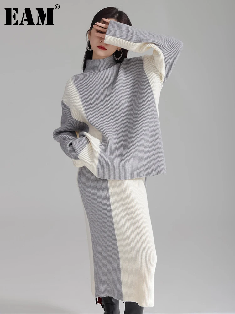 

[EAM] Khaki Sweater Knitting Half-body Skirt Two Pieces Suit New Turtleneck Long Sleeve Women Fashion Spring Autumn 2024 1DH4175