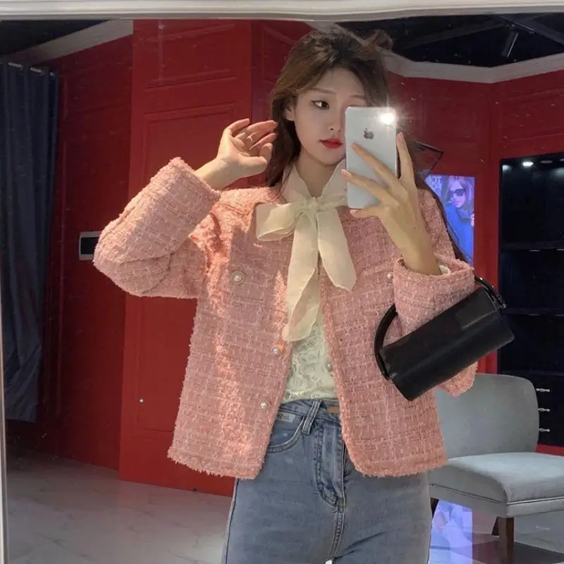 Women Sweet Cropped Jacket Korean Fashion Round Neck Plaid Pink Coat All-Match Spring Autumn Luxury Coat Single Breasted Outwear