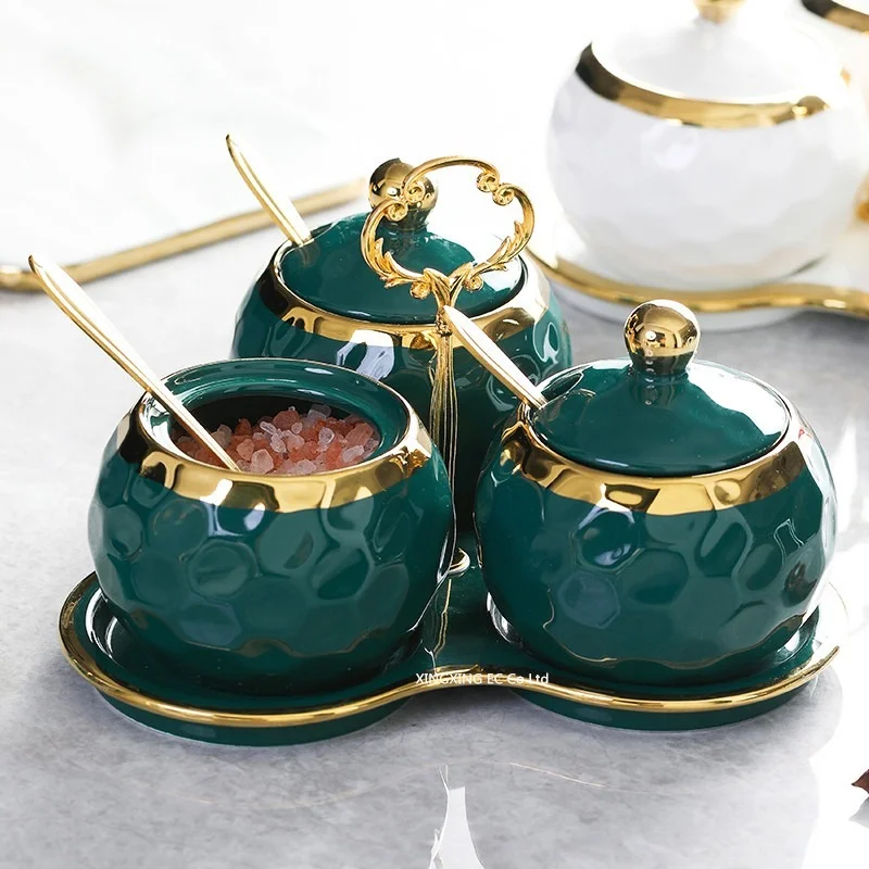 Creative Seasoning Jar Sugar Bowl Green Gold Edge Glass Jar Ceramic Pepper Chili Box Household Seasoning Box Kitchen Supplies ceramic storage jar spice storage box
