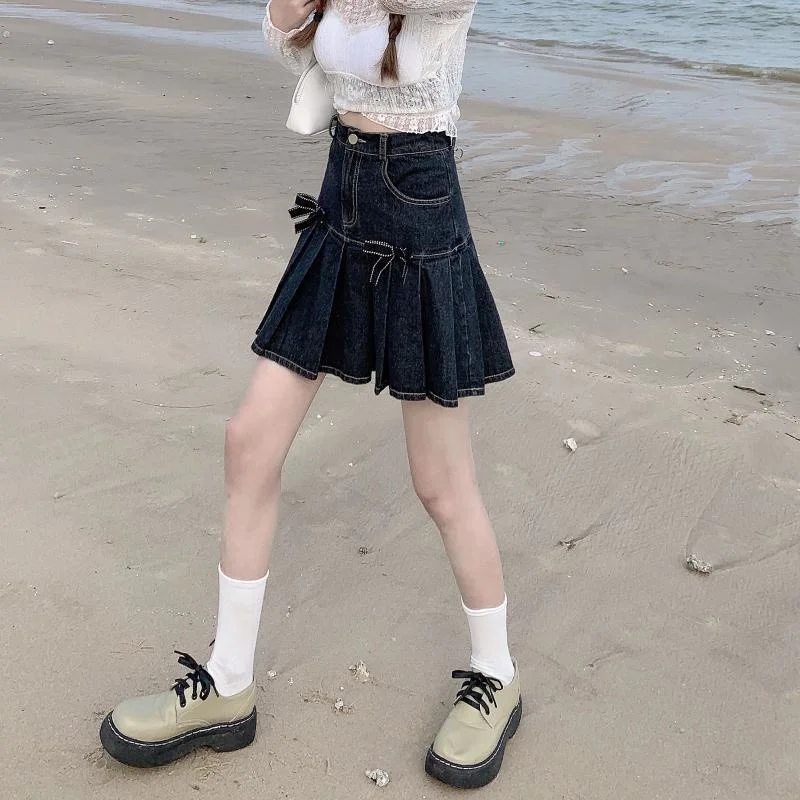 pleated skirt Jeans Bow Pleated High Waist New Vintage Casual Sweet Ruched Denim Korean Students Female A-line Mini Summer Women Skirts white pleated skirt