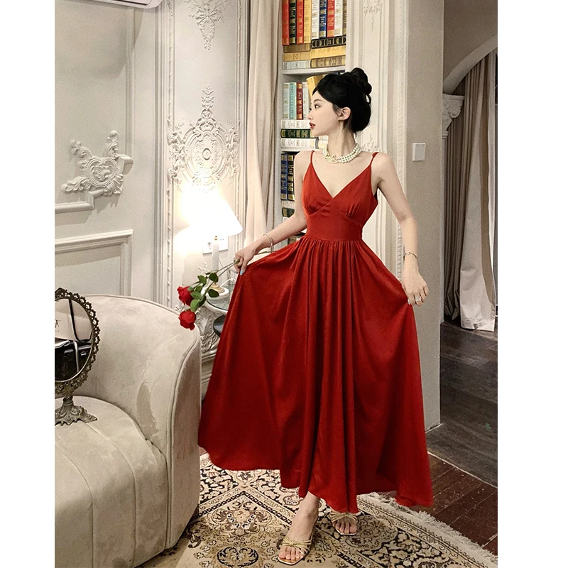 Sexy Spaghetti Strap Evening Party Dress V-neck A-line Solid Vintage Long Dresses for Women Wedding Prom Robe One Piece Vestidos