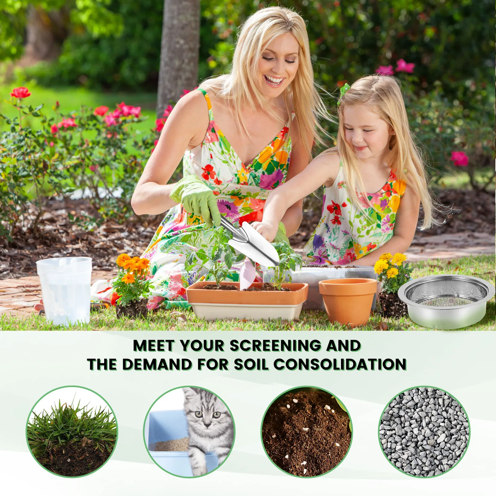 Garden Soil Sieve Set Stainless Steel Bonsai Rock Sifter with 5 Interchangeable Filter Mesh Sizes 1/3/6/9/12mm Compost Sifter