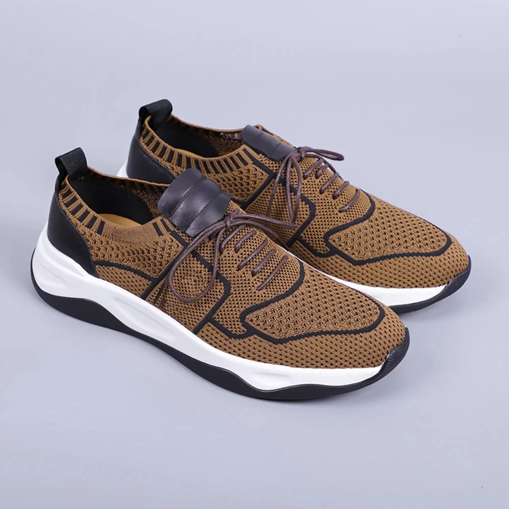 Men's Flat Casual Sneakers Breathable and Comfortable Knitted Fabric with Cow Genuine Leather Light Soft Outdoor Male Footwear 2