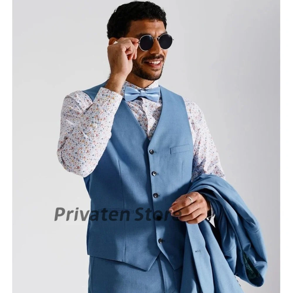 Men Suit Vest V-neck Blue With Pockets Linen Wedding Prom Summer Beach Clothing  New Arrival Fashion Male Top erkek yelek