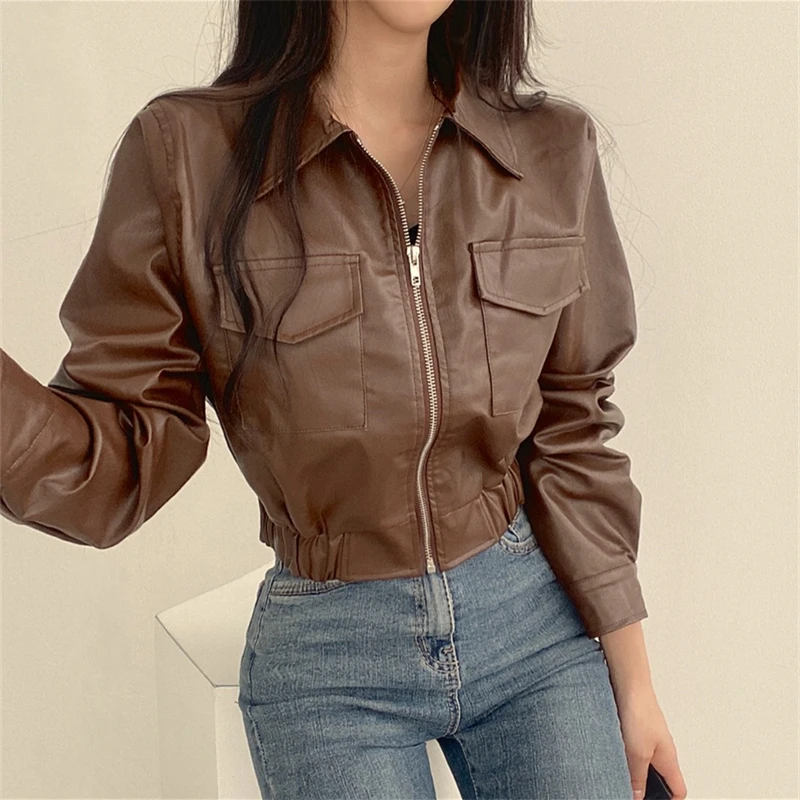 

Women's Polo Collar Zipper Head PU Leather Jacket Spring Autumn New Fashion Chic vintage Style Female Short Thin Coat