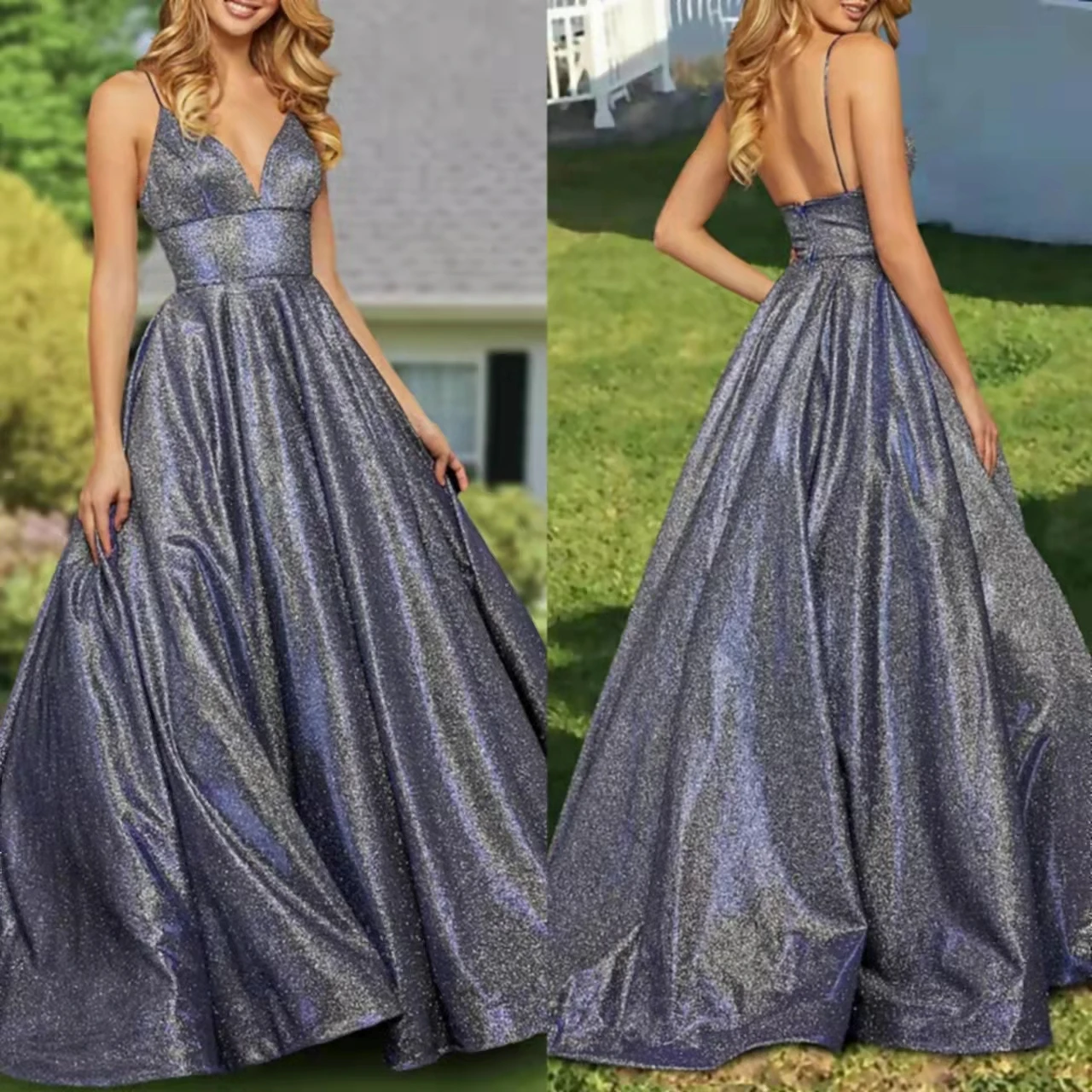 

Elegant Long V-Neck Spaghetti Evening Dresses With Pockets A-Line Glitter Formal Parfty Prom Gowns for Women