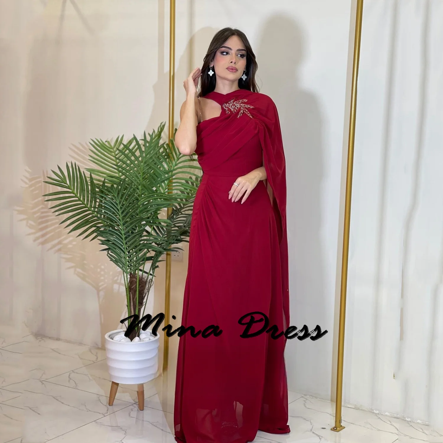 

Mina -Shawl - Eid al Fitr Women's Evening Dress, Elegant Luxury Evening Dress, One Shoulder Sleeves, Wine Red, Ball