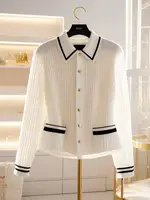 High Quality Office Lady Polo Collar Wool Sweater Women Fashion Solid Stripe Cashmere Knit Cardigan Winter French Soft Knitwear 1