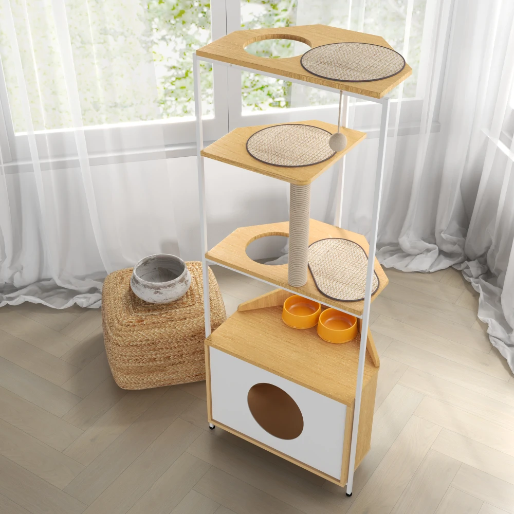 Corner Cat Tower, Cat Tree Scratching Post Condo with Feeding Station and Climbing Platforms Pet Furniture for Indoor Cats
