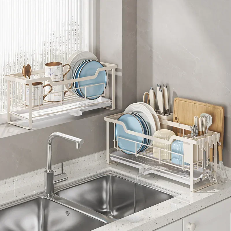 Compact Dish Storage Rack Space-Saving Kitchen Organizer with Drain Tray for Plates Utensils Cups Countertop Dish Drainer