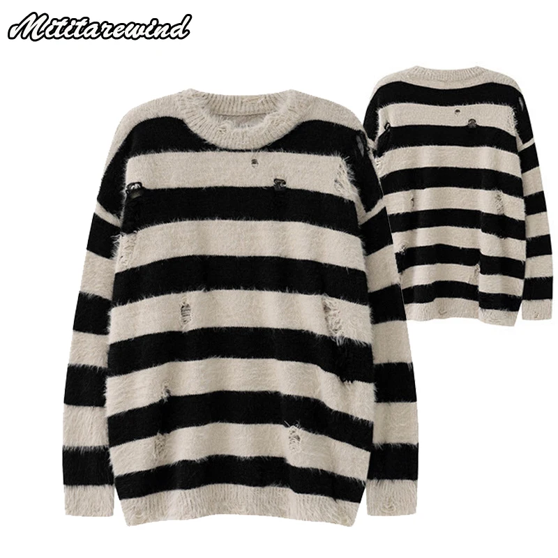 

Autumn Winter Oversized Pullover Sweaters Men and Women Hip Hop Streetwear Fashion Striped Contrast Color Ripped Hole Knitwear