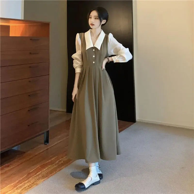 

Spring Autumn French Vintage Elegant Long Sleeved Skirts For Women 2023 New Waistband Slim Style Spliced Mid Length Dress