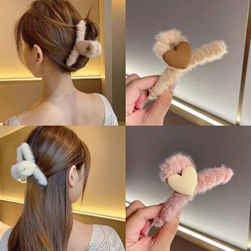 Fashion Heart Shark Hair Clips Women Plush Hairgrips Soft Faux Fur Hair
