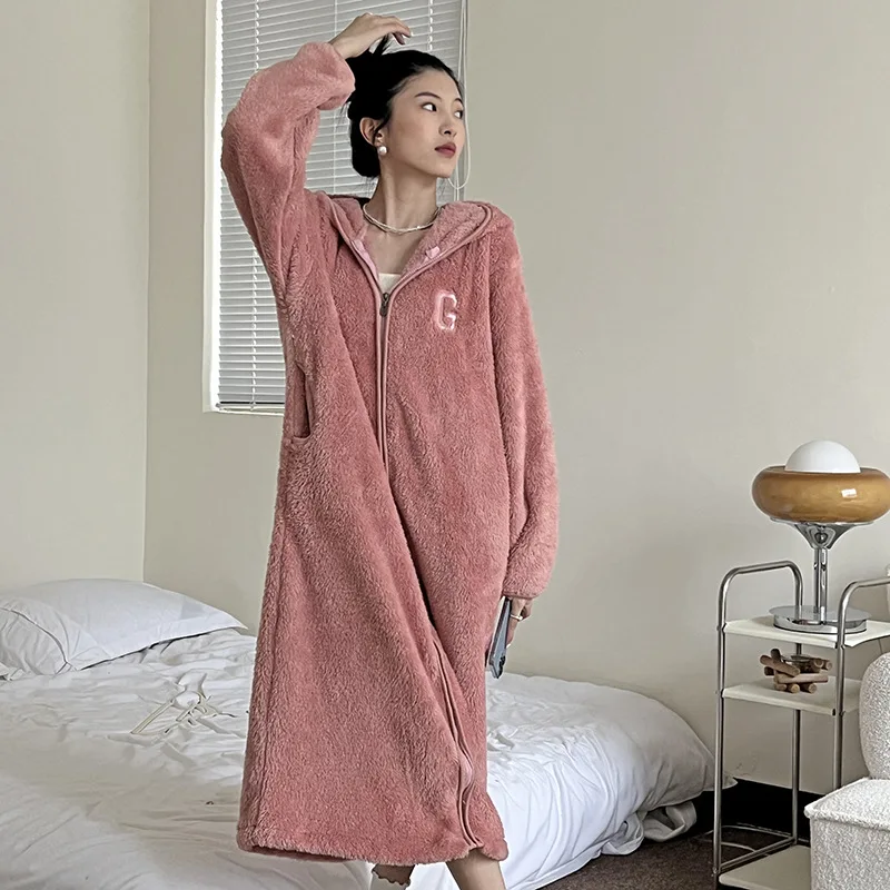 

Korean Hooded Nightgown Bathrobe Nightwear Women's Winter Coral Fleece Solid Color Nightdress Long Thick Warm Flannel Home Wear