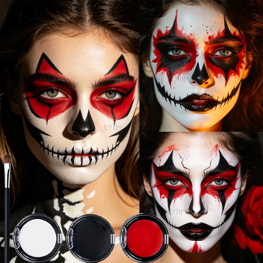 Set di Trucco per Viso e Corpo, Colori Nero Bianco Rosso, Crema per Trucco con Pennello, Pigmenti Lavabili per Halloween, Cosplay, Carnevale - immagine 2
