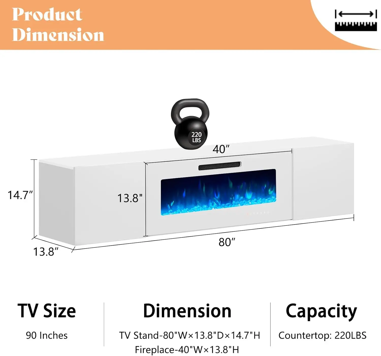 Floating Fireplace TV Stand Wall-mounted Mirror with 40-inch Electric Fireplace Modern LED Lights Media Console All White 6