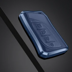 Premium Aluminum Alloy Leather Car Key Case Cover - Elegant Auto Key Protection Accessory (Blue 4 buttons)