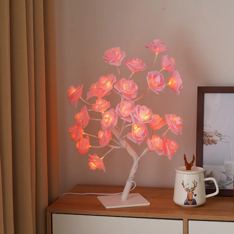 

24 LED Rose Flower Tree Lights USB Table Lamp Fairy Maple Leaf Night Light Home Party Christmas Wedding Bedroom Decoration Gift