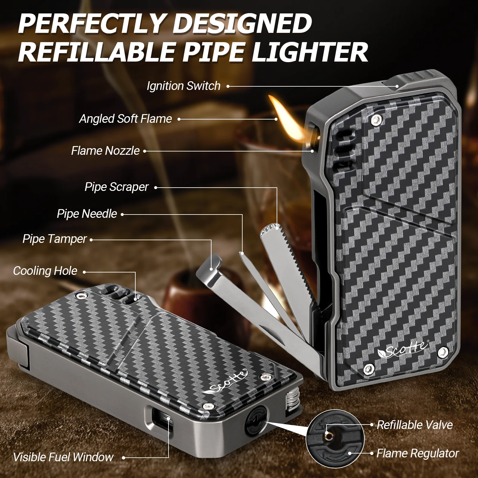 Scotte Cigar Lighter Refillable Butane With 3 Pipe Cleaner Tools