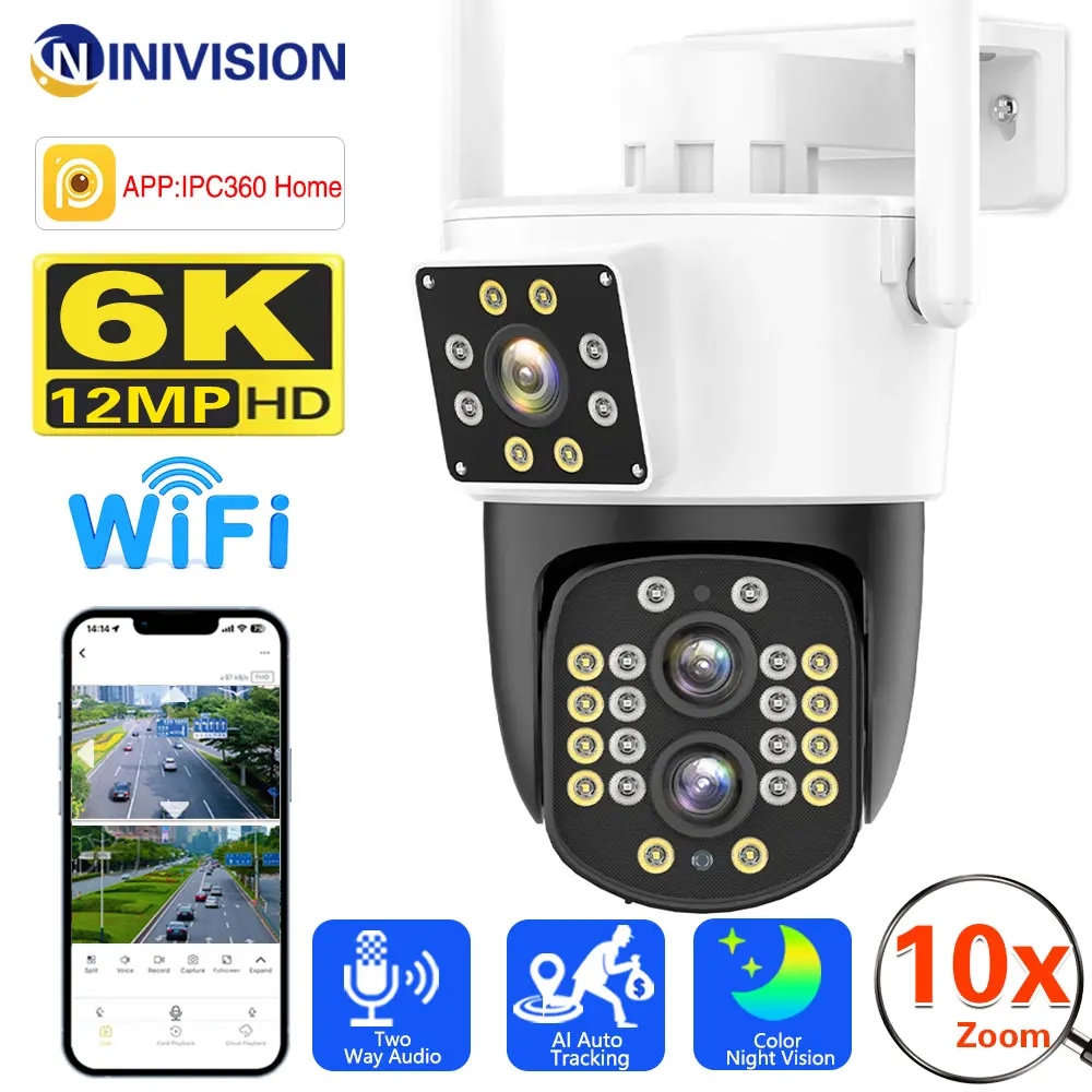 IP Camera 12MP 6K HD 10X Hybrid Zoom PTZ Camera Three Lens Dual-Screen 8MP Outdoor Wifi Security Protection CCTV Auto Tracking