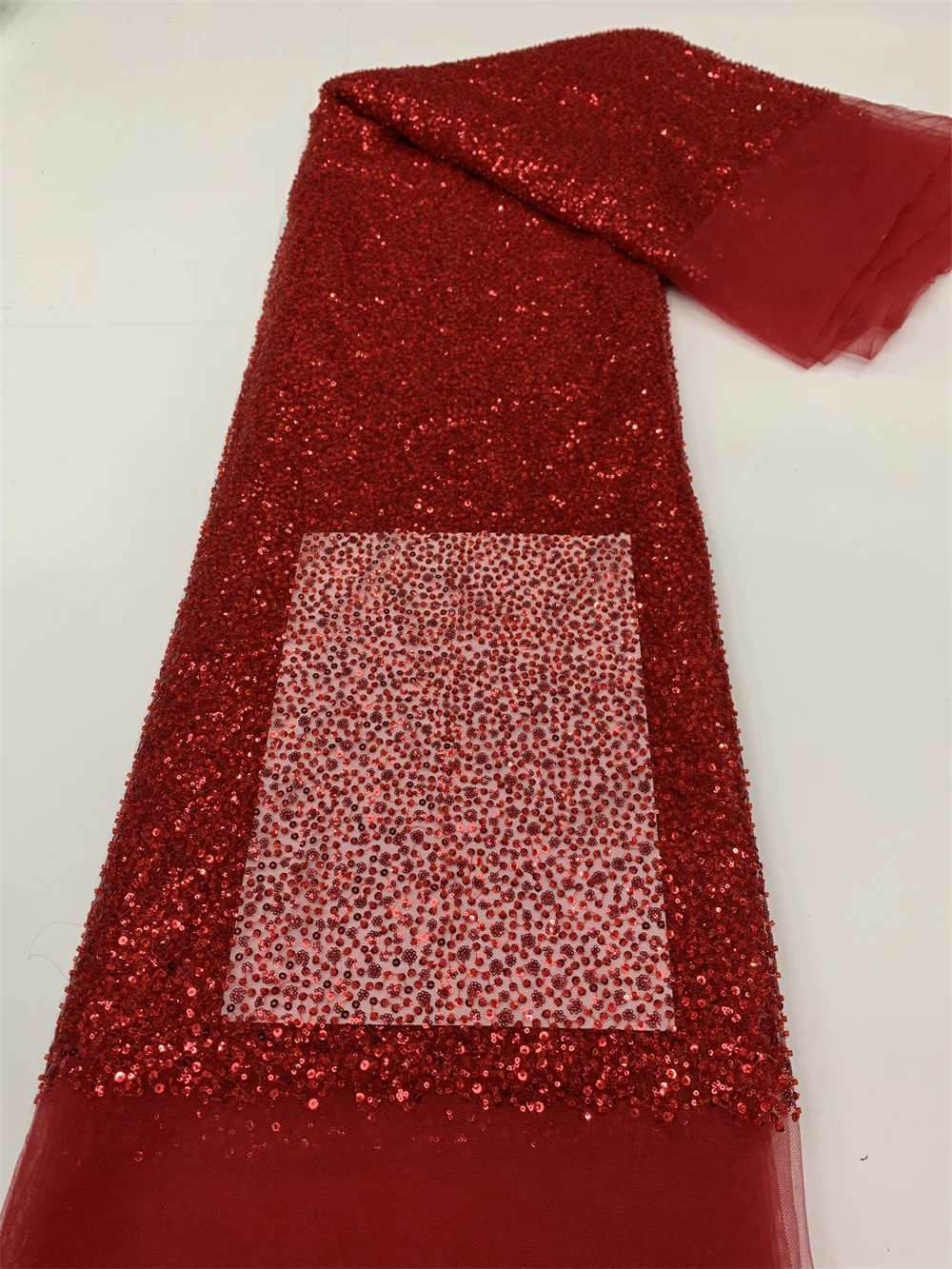 

Nigerian Sequins Lace Fabric 2023 High Quality Red African Tulle Embroidery Fabric for Wedding Dress Sewing Mesh Lace 5 Yards