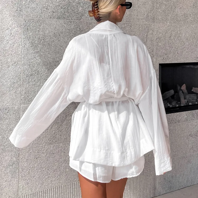 White Lace-Up 2 Piece-Set Shorts For Women Casual Loose Bandage Cardigan Coat And High Waist Shorts Sets Female Outfits