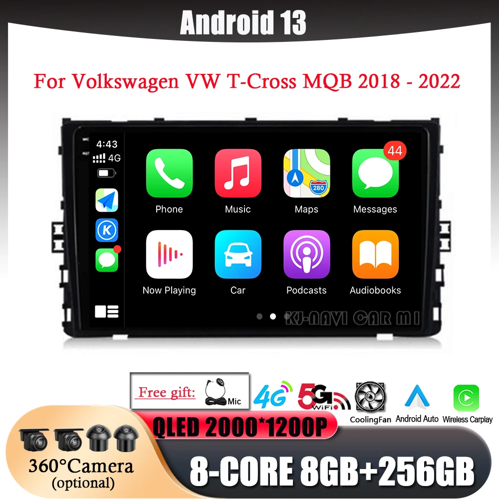 

9"Android 13 For Volkswagen VW T-Cross MQB 2018 2019 2020 Multimedia Navigation Car Player Video Auto Stereo 4G+WIFI GPS DSP BT