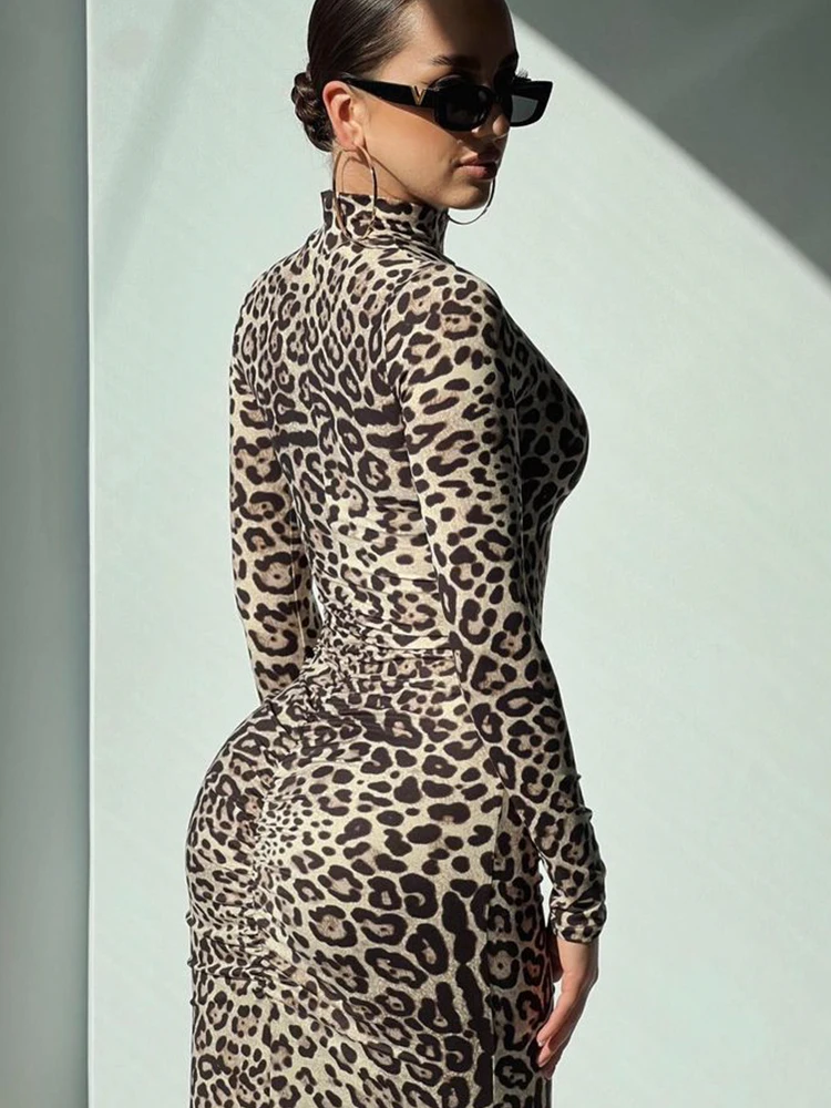 CNYISHE-vestido feminino bodycon com estampa leopardo, vestidos de clube sexy, bainha manga comprida, moda streetwear, fêmea esbelta, robes elegantes