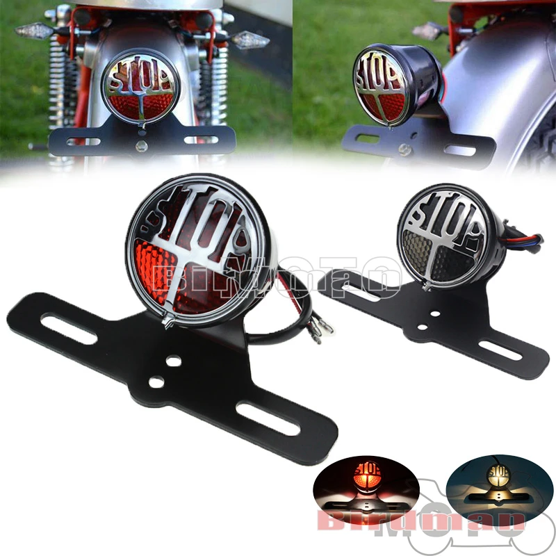 

Motorcycle Rear LED "STOP" Rear Brake Stop Tail Light 12V Taillamp w/ License Plate Bracket For Harley Chopper Bobber Custom