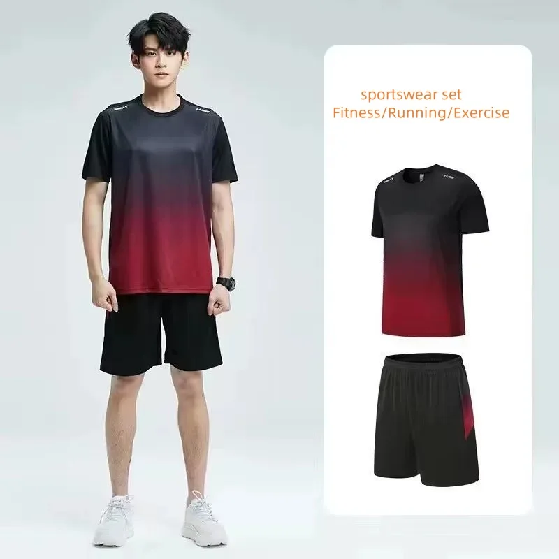 Men’s ice silk quick‑dry sportswear set with short‑sleeve T‑shirt and shorts red