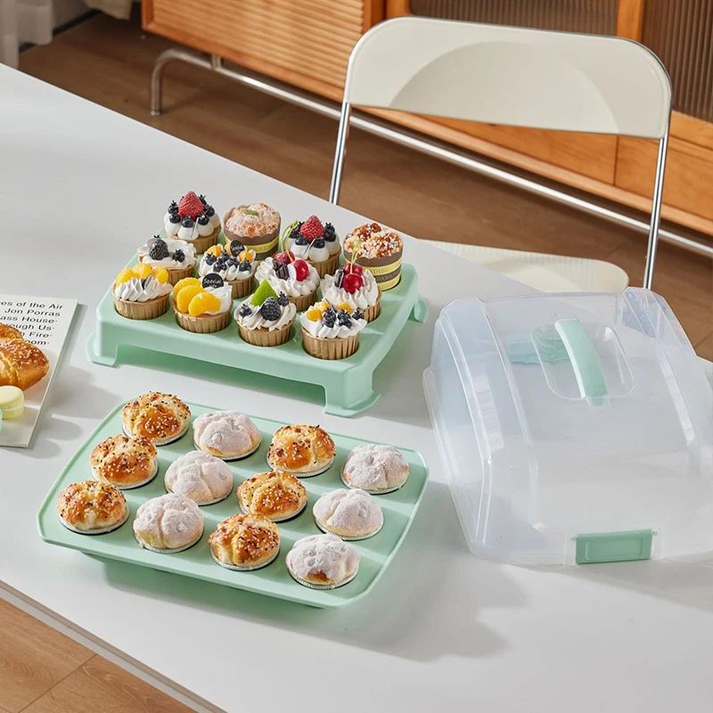 Double Tier Cupcake Carrier Muffin Cake Storage Box Transparent with Lid and Handle Cupcake Trays Baking Food Holder Containers