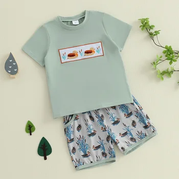 Children s Boys Summer Clothing Set with Round Neck Short Sleeve T-Shirts featuring Duck Print and Elastic Waist Shorts - 2 1