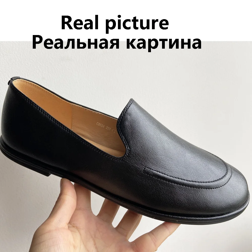 New Women Spring Summer Shoes Fashion Designer Leather Loafers Slip-On  Casual Flats Ladies Round Toes Luxury Short Heels Black
