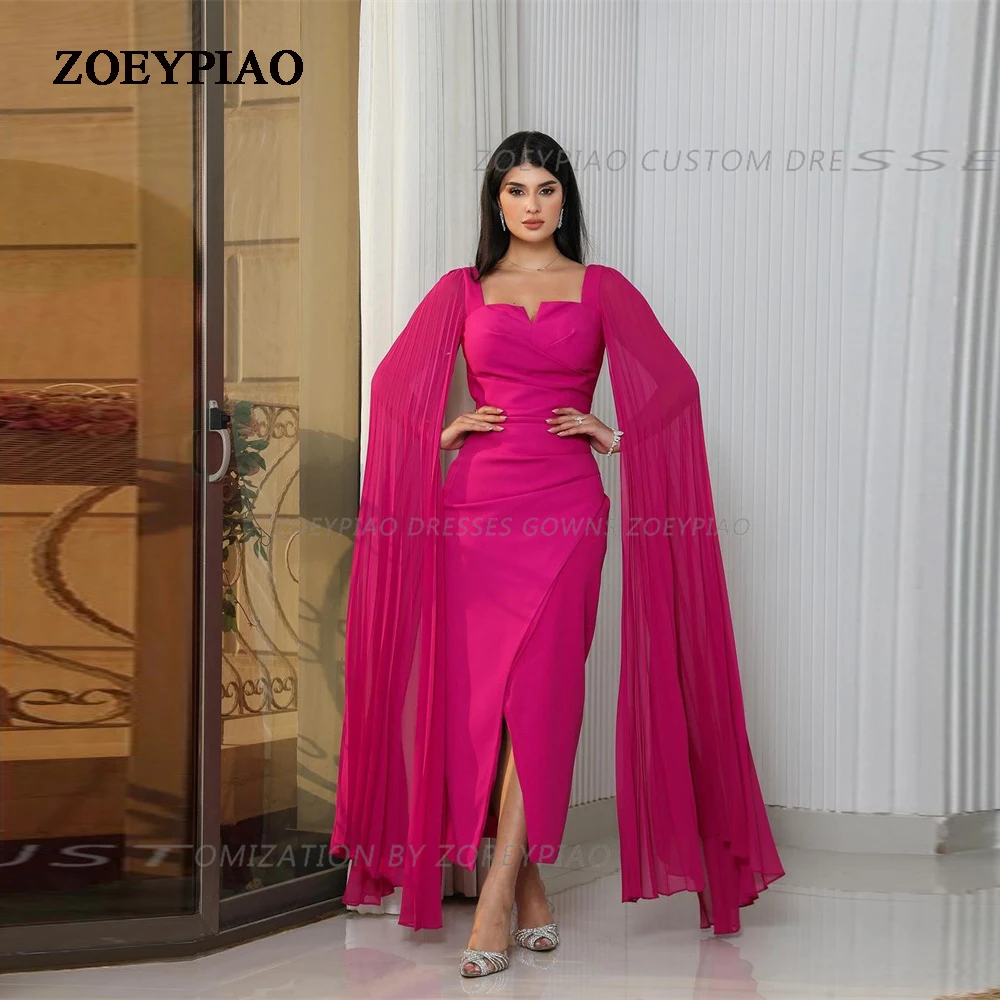 

Arabic Dubai Simple Evening Party Dresses Fuchsia Satin Chiffon Sheath Formal Prom Dress Ankle Length Strapless Evening Gowns