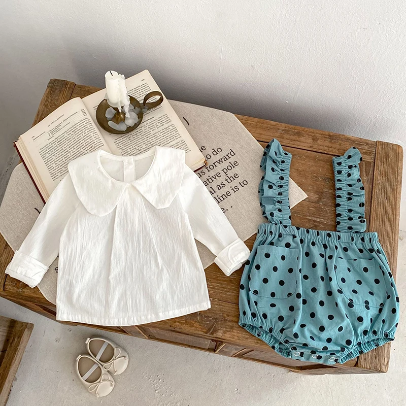 

Toddler Baby Girls Clothes Suit Infant Kids Baby Girls Clothes Set Long Sleeve Solid Color Shirt + Dot Strap Shorts 2pc