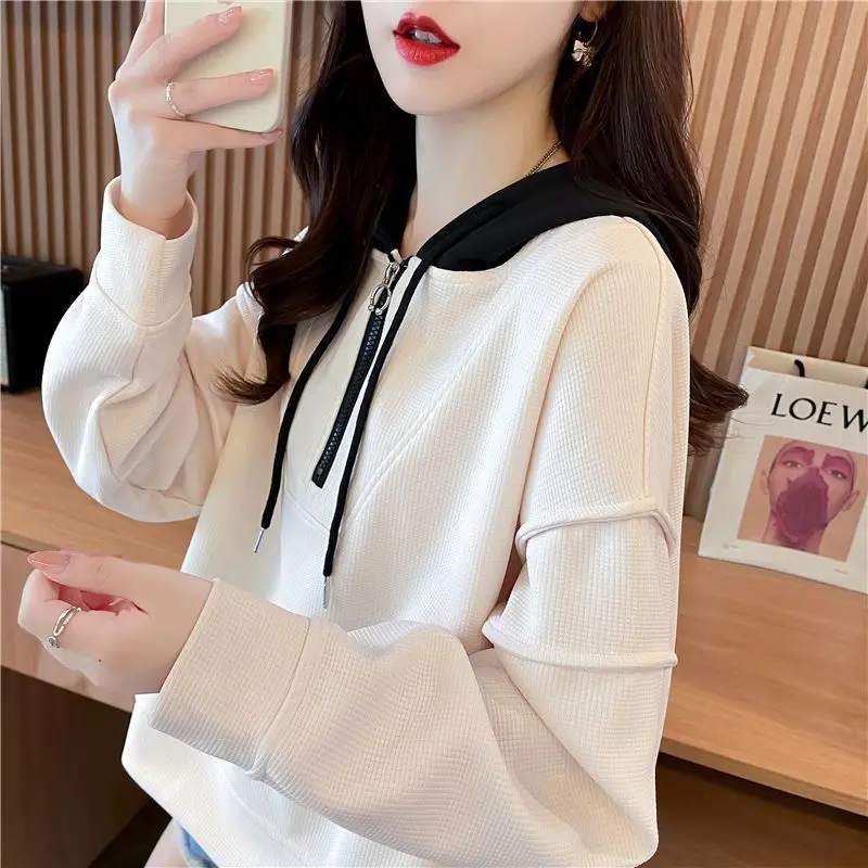 Design Sense Half Zip Contrast Long Sleeve Bottom Shirt Casual Loose Oversized Versatile Women's Sweater
