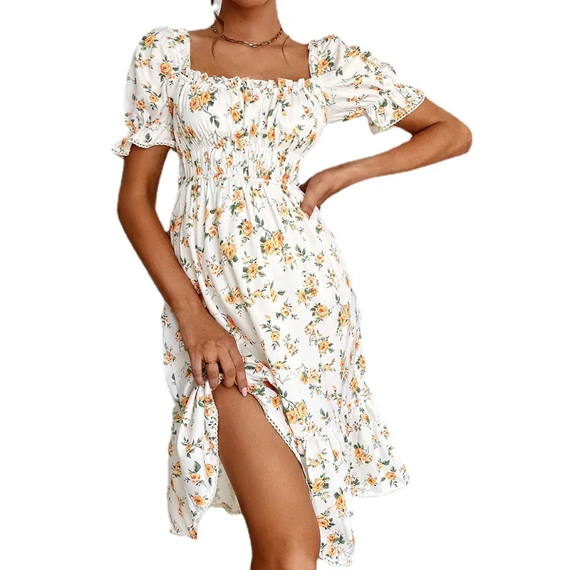 

WYWMY Retro Square Neck Printed Summer Dress Women Puff Sleeve Ruffles Dress Ruched Mini Allover Floral Flounce Sleeve Dress