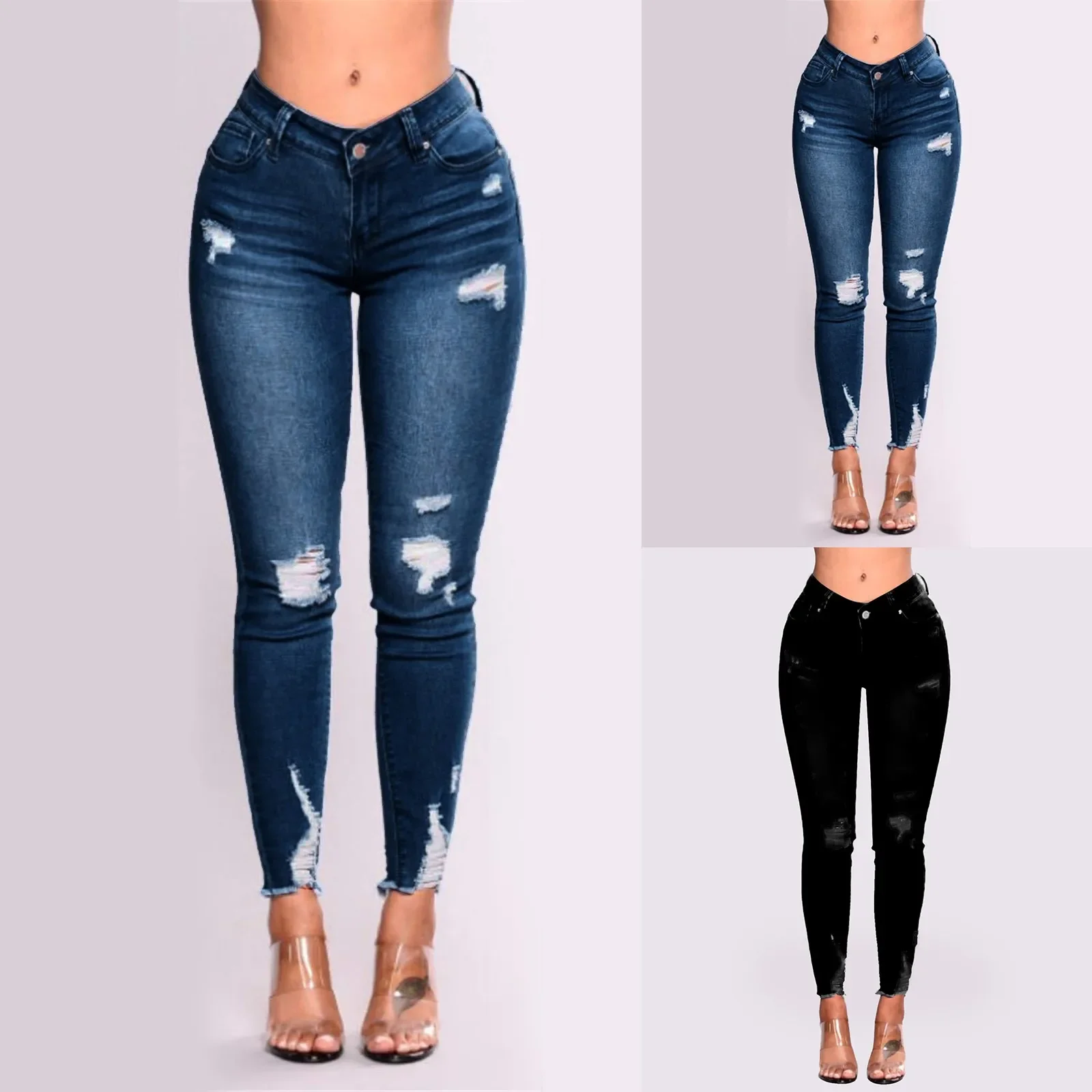 

Джинсы-скинни с высокой талией женские, Стрейчевые рваные брюки из денима, Стрейчевые состаренные утягивающие рваные джинсы